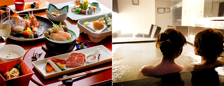 石水亭「蔵」のお料理と貸切風呂のカップル