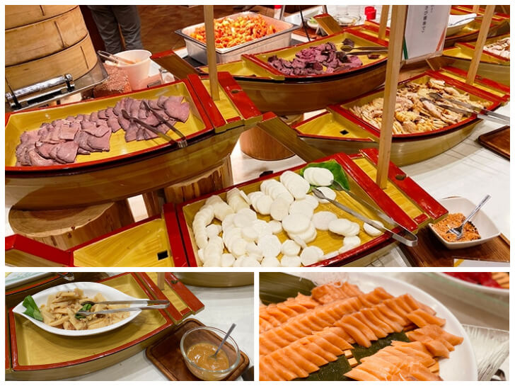 様々な食感を楽しめる「山の刺身コーナー」。それぞれの食材にはおすすめ調味料も。