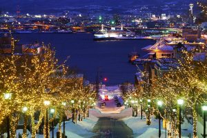 函館、冬の八幡坂の夜景
