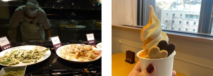 天ぷらのライブキッチンとミックスソフトクリーム