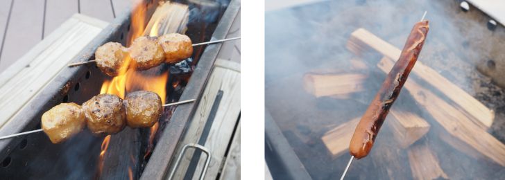 焼きつくね串と焚き火で作るフランクフルト